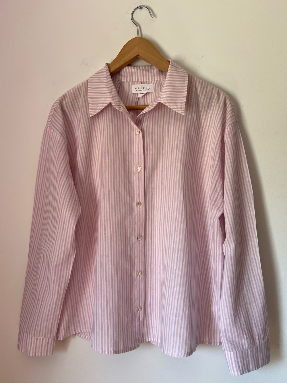 Velvet by Graham & Spencer Pastel Pink Purple Stripe Button-Up Cotton Shirt